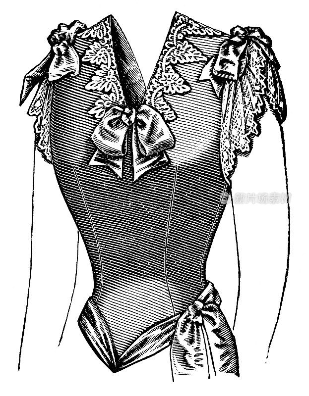 19世纪90年代维多利亚时代的时尚，女士缎面巴斯克紧身胸衣与帽袖，蕾丝通道和丝带- 19世纪
